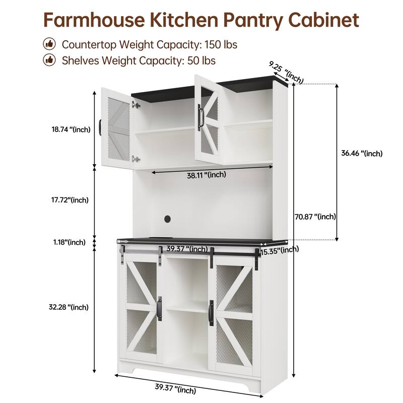Meyreso 72" Tall Farmhouse Kitchen Storage Cabinet with Hutch Microwave Stand