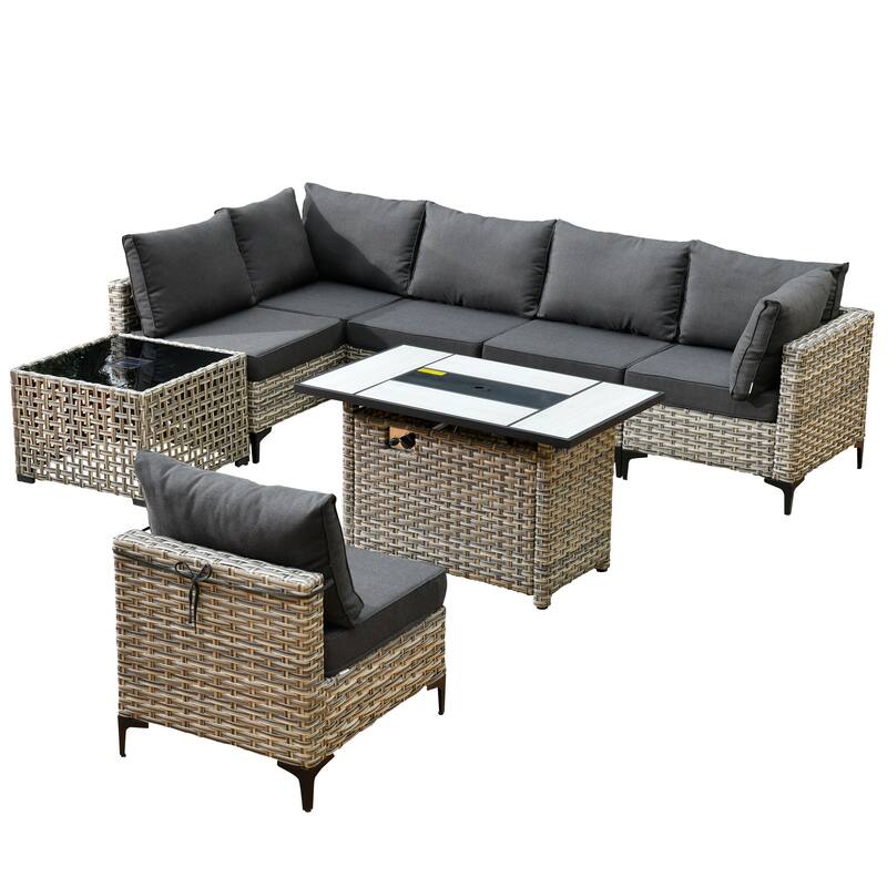 XIZZI 8-Piece Outdoor Wicker Furniture Sectional Set with Firepit