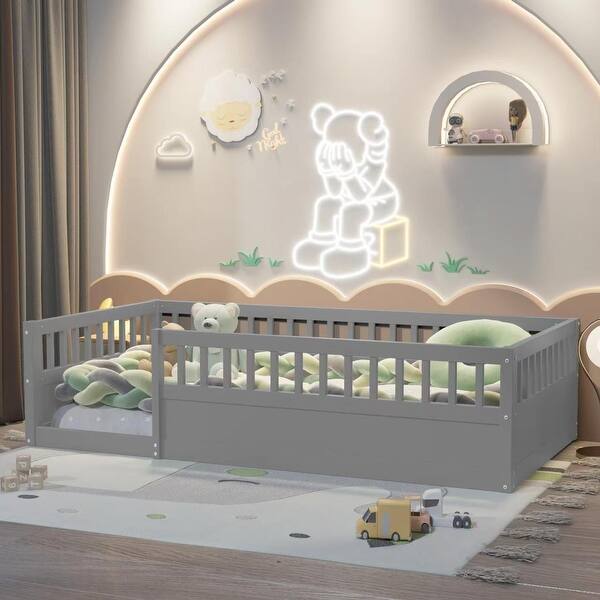 slide 2 of 10, Twin Size Toddler Floor Bed Safety Kids Bed with High Guardrails (19.6 inch), Concise Fence Bed for Boys Girls Kids Toddler Grey - Twin