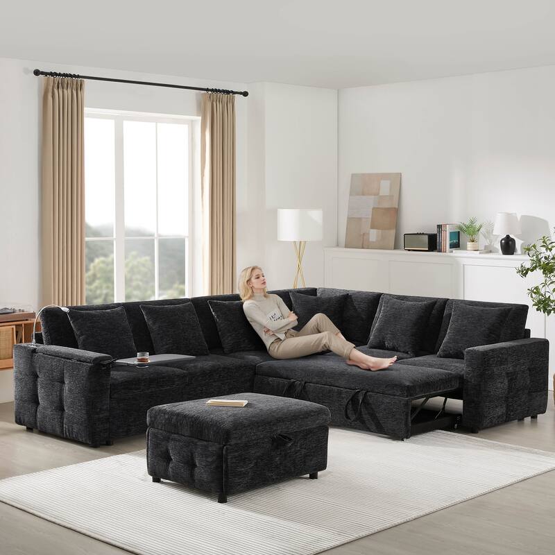 Tufted Chenille Sectional Sofa with Pull-out Bed, Flip-up Table Panel, Reading Lamp, Charging Ports, Storage Ottoman, 6 Pillows - Black
