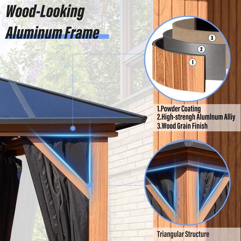 EROMMY Outdoor Wood Gazebo with Double Polycarbonate Roof, Heavy Duty Backyard Patio Pergola Canopy for Garden Shade