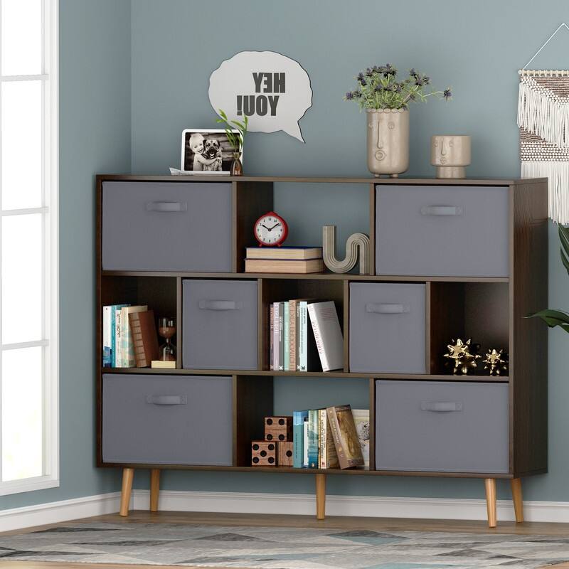 42.12" H x 55.11" W Cube Bookcase With Bins White/Brown