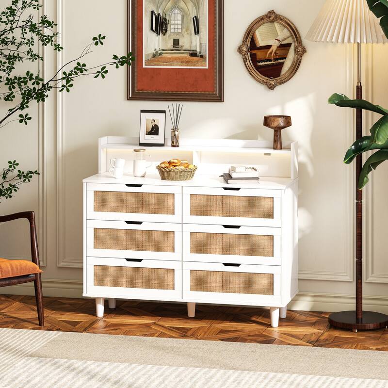 White Rattan Drawer Storage Cabinet with LED Lights and Power Outlet, Great for Bedroom and Living Room, 43.31" Size