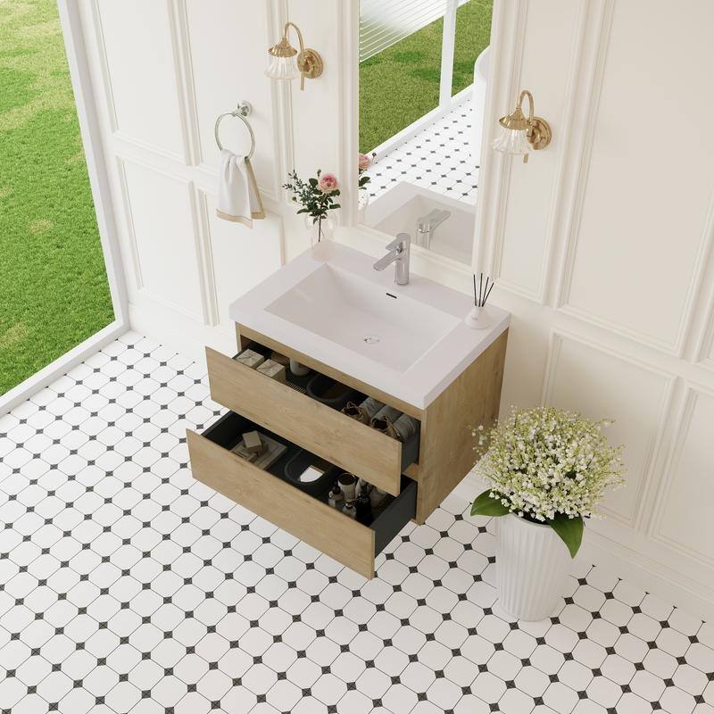 ABRUZZO 30" Floating Single Bathroom Vanity Wall-Mounted with Integrated Resin Top Basin 2 Soft Close Drawers Full Assembly
