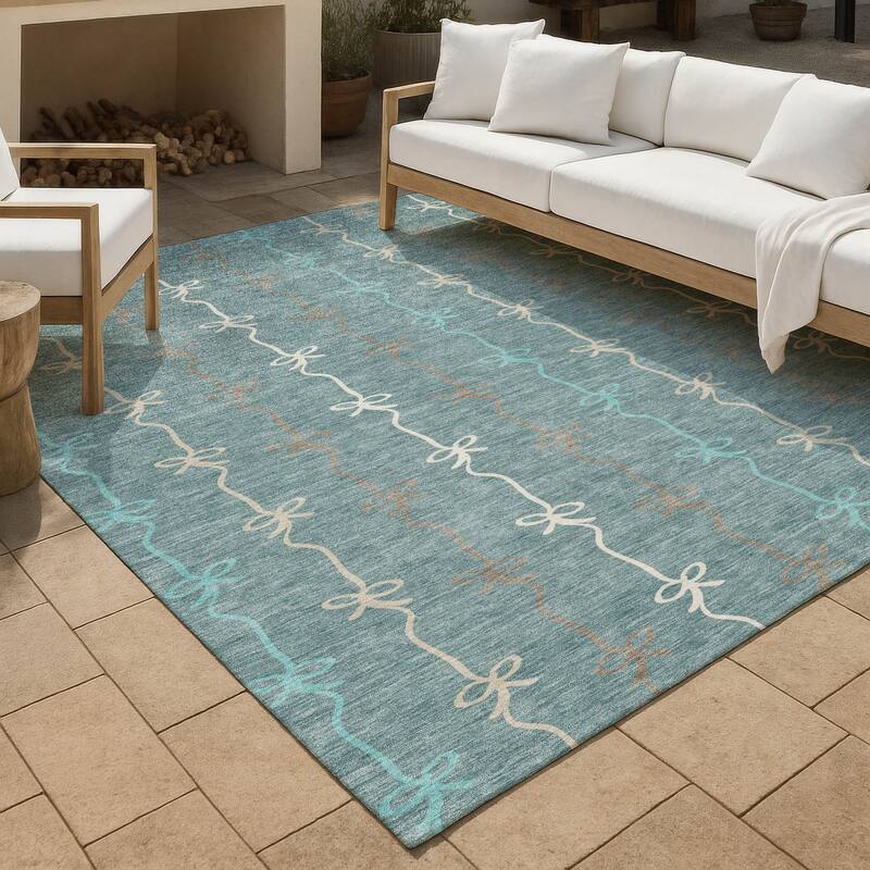Machine Washable Indoor/ Outdoor Modern Bow Stripe Chantille Rug - Teal - 8' x 10'