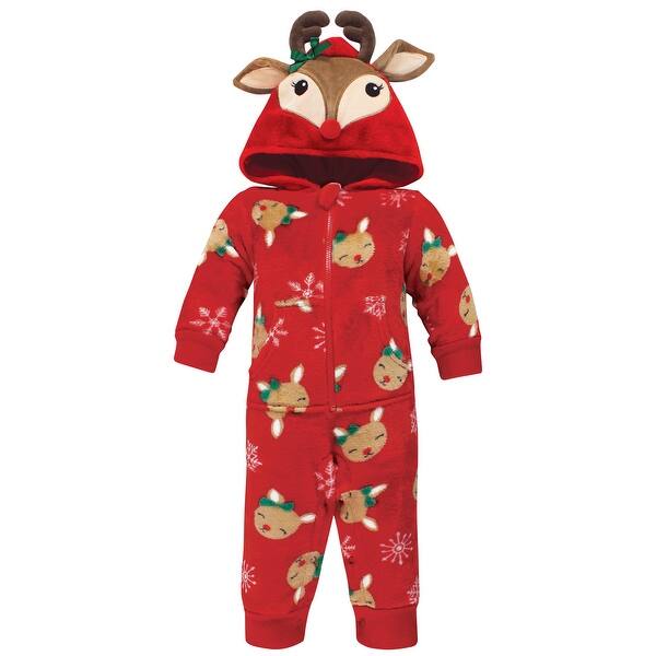 slide 1 of 1, Hudson Baby Infant Girl Plush Jumpsuits, Girl Holiday Reindeer 0-3 Months - Girl Holiday Reindeer