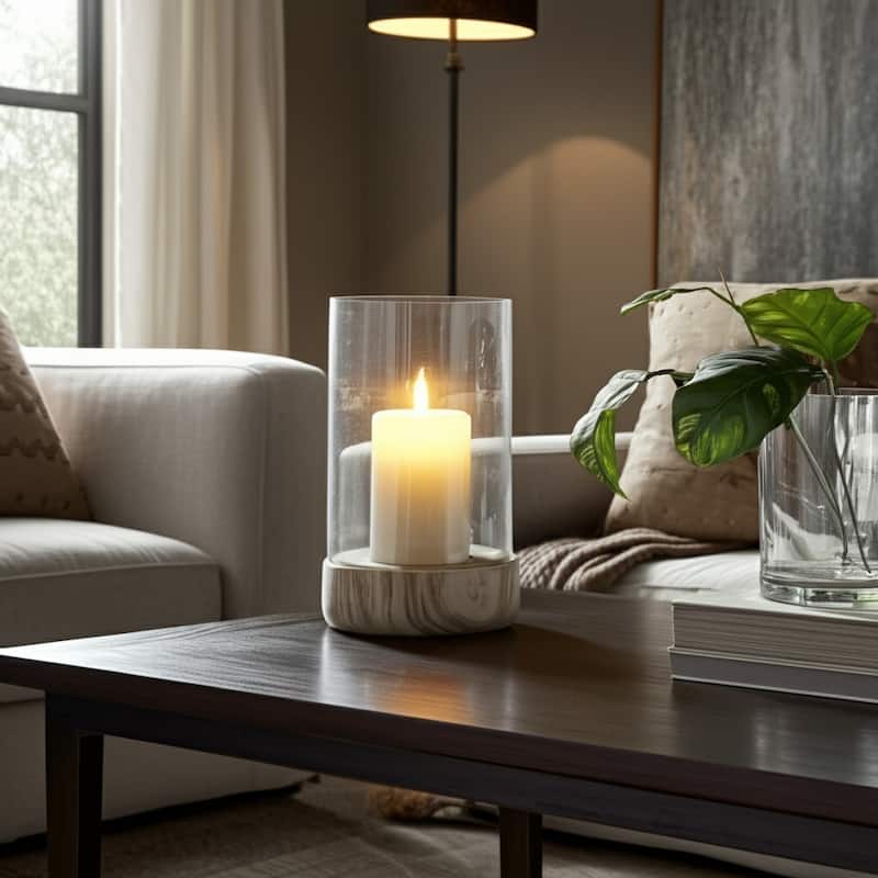 Marble Glass Hurricane Lantern Valencia Style Home Decor - 10" Ivory - 6" x 6" x 9.75"