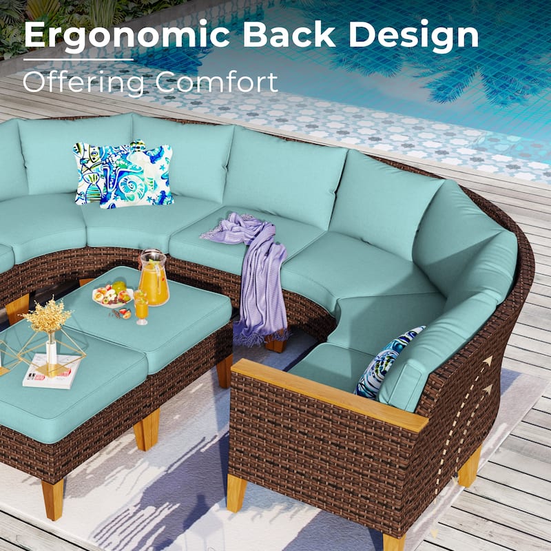 12-Seat Outdoor Wicker Half-Round Furniture Set, Half-Moon Sectional Sofa All Weather Curved Conversation Set