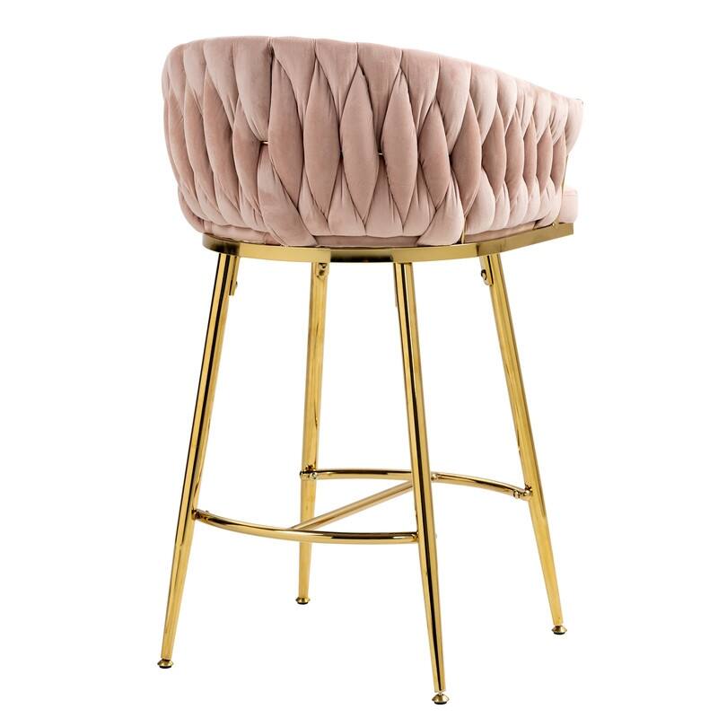 (Set of 1) 26" Velvet Counter Height Bar Stool with Wave Back, Golden Chrome Base and Footrest