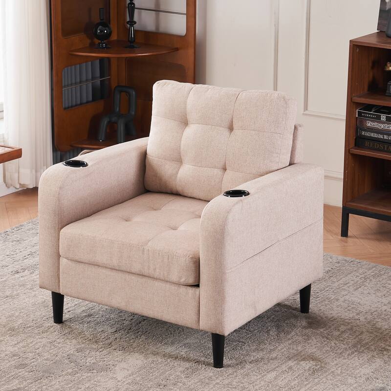 Beige Modern 31.5" Upholstered Buttons Tufted Arm Chair with Storage and Cup Holders for Living Room