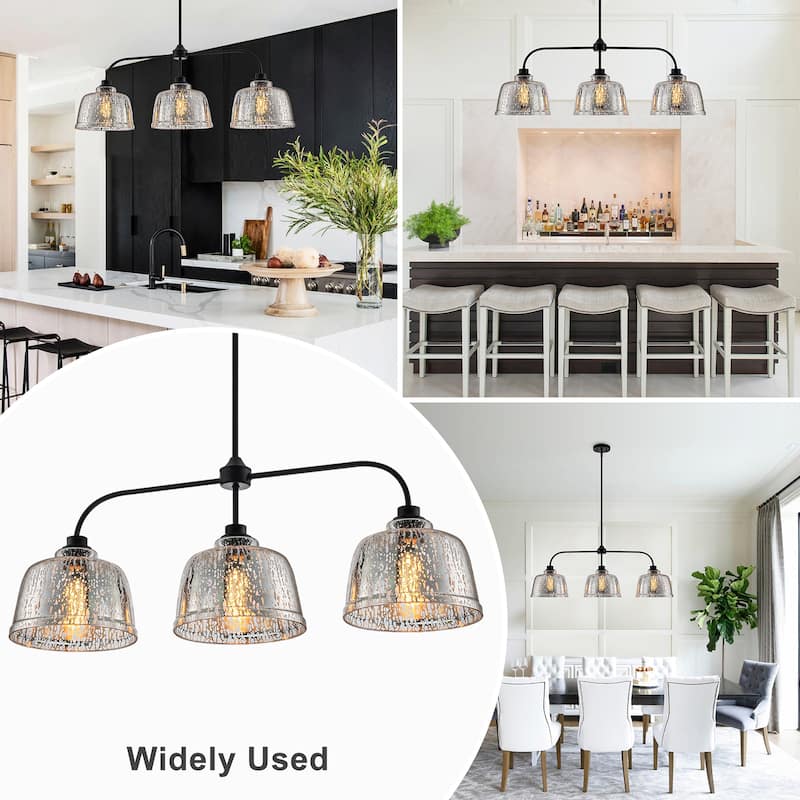 3-Light Bowl-Shaped Mercury Glass Linear Island Pendant Light - Dia.38.19-in