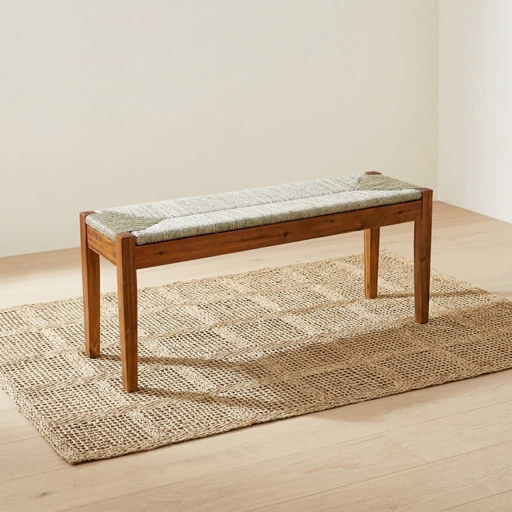 M4H 46" Mid-Century Solid Acacia Wood Bench with Hand-Woven Rush Seat