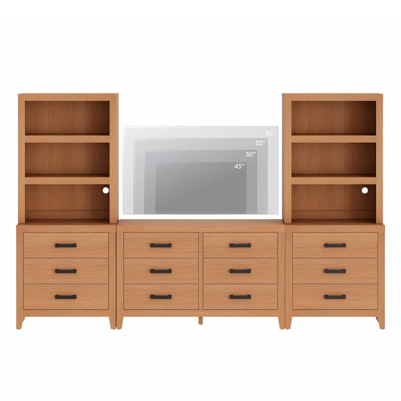 WAMPAT Farmhouse Entertainment Center with Bookshelves, Media Console & Storage Drawers