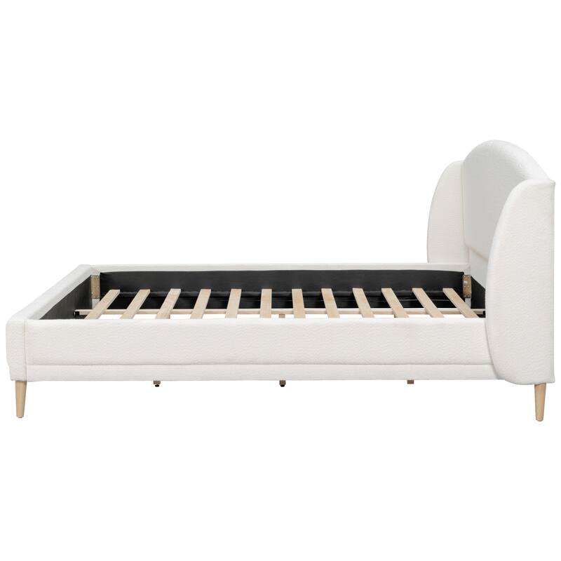 King/Queen Upholstered Bed Frame with Boucle Fabric and Wingback Headboard, Solid Wood Legs, No Box Spring Needed