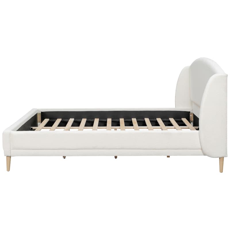 Upholstered Platform Bed Frame with Wingback Curved-Shaped Headboard, Solid Rubber Wood Legs, Wood Bed Support and Slats - White