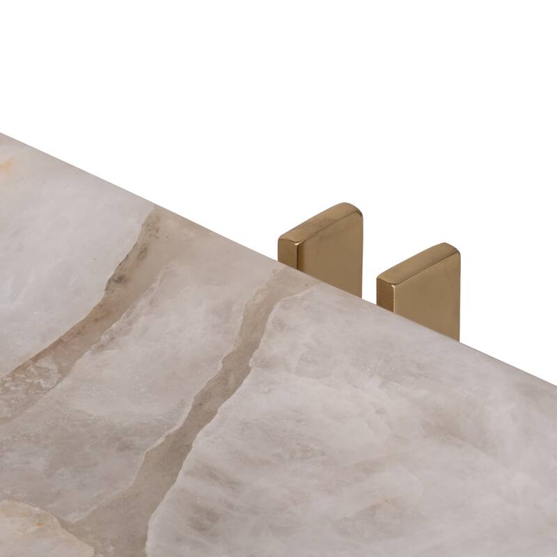 Sagebrook Home Quartz-Inspired 14" White Stone Tray With Gold Iron Details, Trays and Plates, Solid White - 14" x 8" x 2"