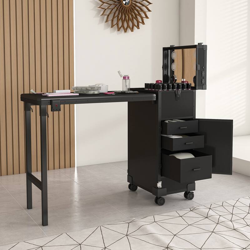 Portable Nail Art Table w/ LED Mirror, Bluetooth, Lockable Drawers, Telescopic Pole - Folding Manicure Station for Salons - Black