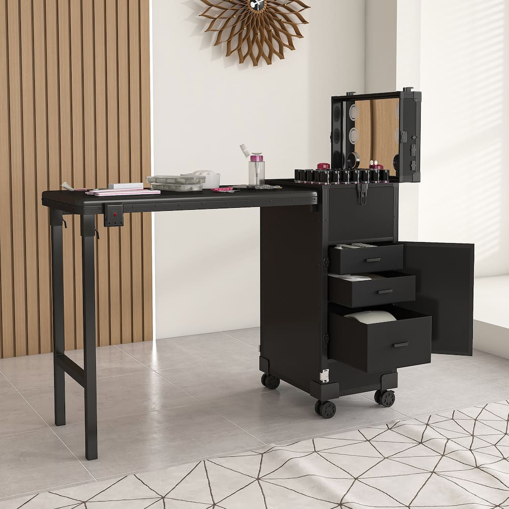 Roomfitters Portable Nail Table with LED Mirror, Lockable Drawers and Bluetooth, Folding Manicure Station on Wheels, Black