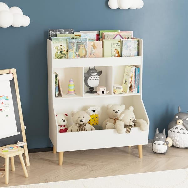 slide 2 of 14, Kids Bookshelf and Toy Storage Organizer, Multifunctional 6 Tier Wooden Kids Book Shelf with Bookcase Display Stand White