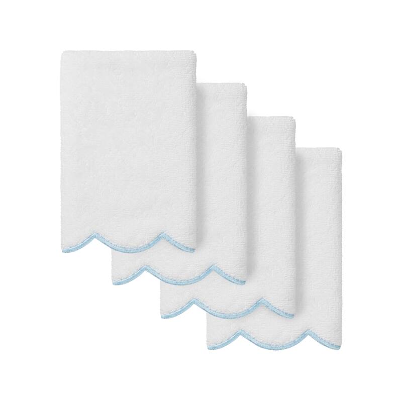 Authentic Hotel and Spa 100% Turkish Cotton ADORNIA Scallop Fingertip Towel Set - White/Blue - 4 Fingertip Towels
