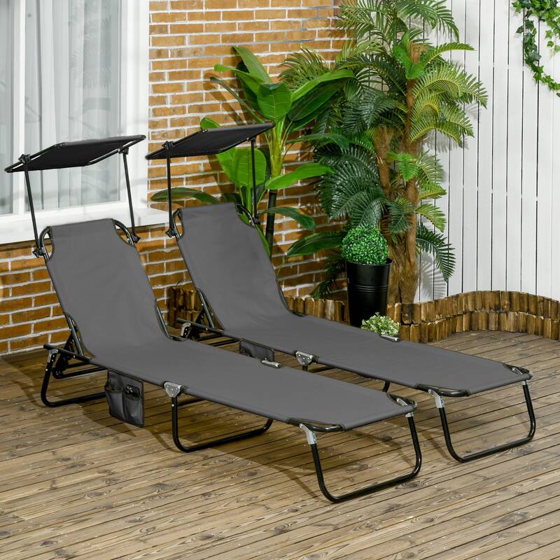 Outsunny Folding Chaise Lounge Pool Chairs with Canopy Shade, Reclining Back, Steel Frame and Side Pocket, 2 Piece