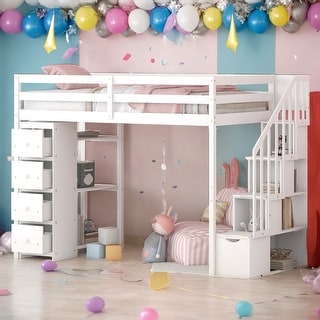 Multi-Functional Twin size Loft Bed with Storage Drawers, Shelves and Stairs, Sturdy Construction & Maximized Space