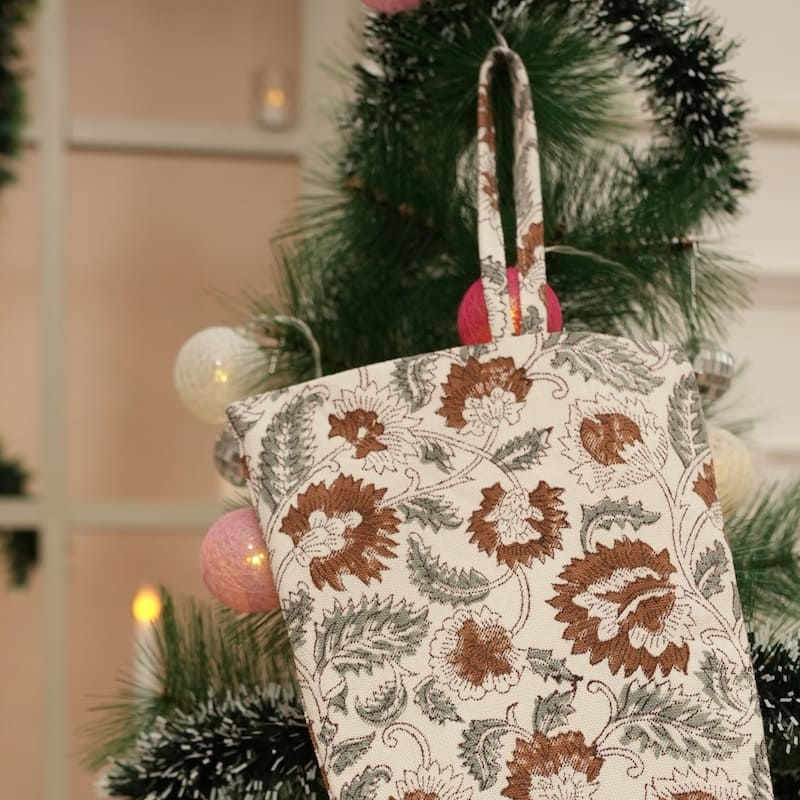 Fabdivine Hand Block Floral Print Christmas Knit Stockings, Home Decorative Gift Use - 16"X6.5"