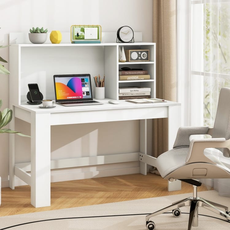 Modern White Computer Desk with Hutch & Charging Station 42.5'' MDF Workstation with USB