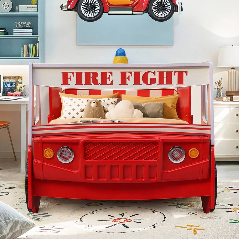 Kids Fire Truck Floor Bed with LED Light, Twin Size, Easy Assembly, Solid Construction