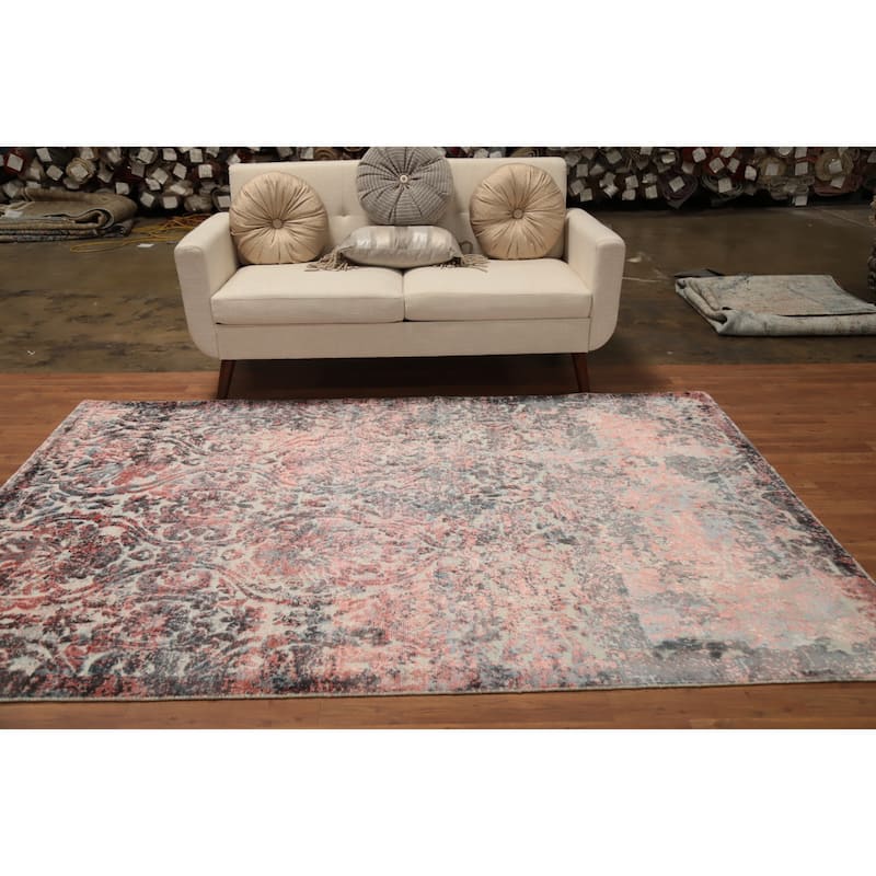 Hand Knotted Oriental Viscose Silk Carpet Modern All-Over Coral Abstract Area Rug - 8' 1'' X 5' 7''