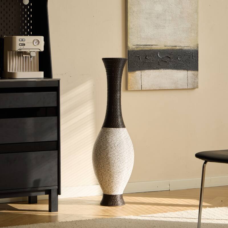 39-Inch Tall Standing Designer Floor Vase - Durable Artificial Rattan - Elegant Two-Tone Dark Brown Finish Statement Piece - White+Black