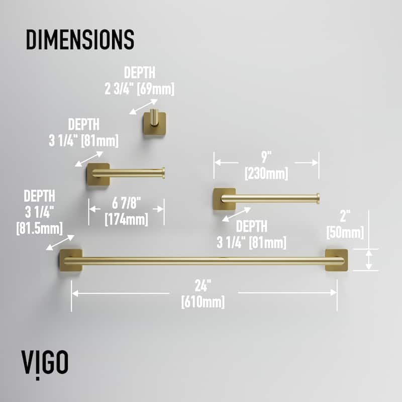 VIGO Satro 4-Piece Bathroom Hardware Accessory Set with 24 in. Towel Bar, Toilet Paper Holder, Hand Towel Holder, Hook