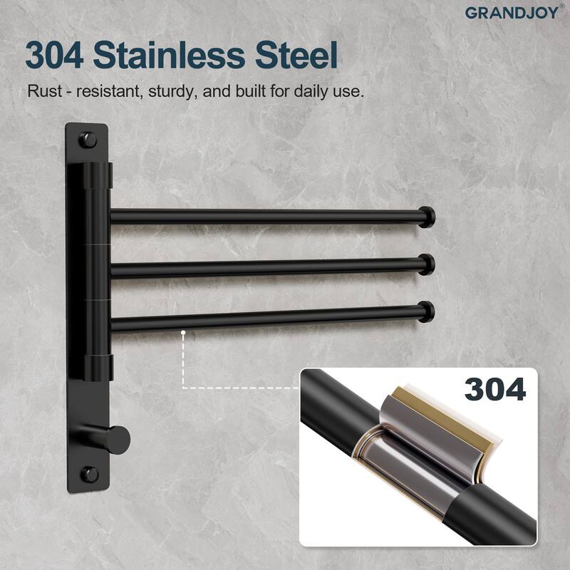 GRANDJOY Wall-Mounted Stainless Steel Swivel Towel Bar with 3 Rotatable Arms