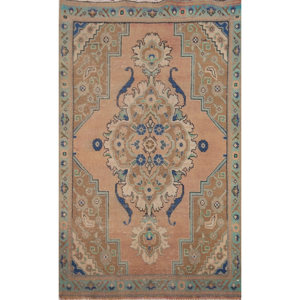 Geometric Tabriz Persian Vintage Rug Hand-Knotted Pink Wool Carpet - 3'3" x 5'3"