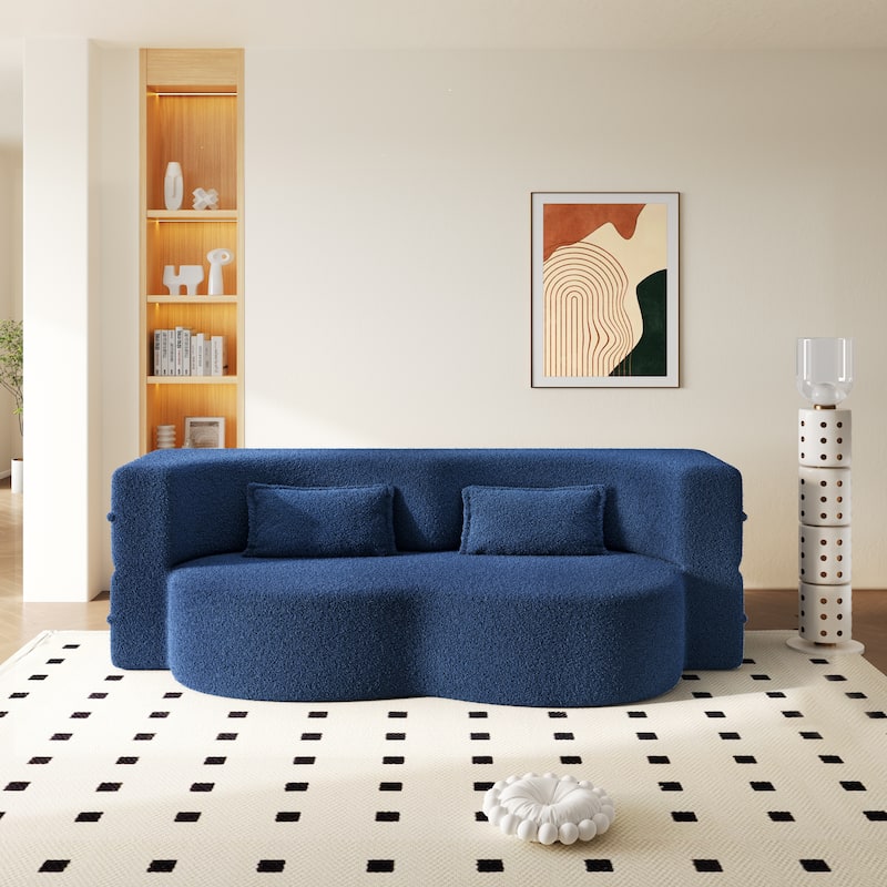 Convertible Floor Sofa with Teddy Fabric, Twin Mattress & No Assembly - Blue