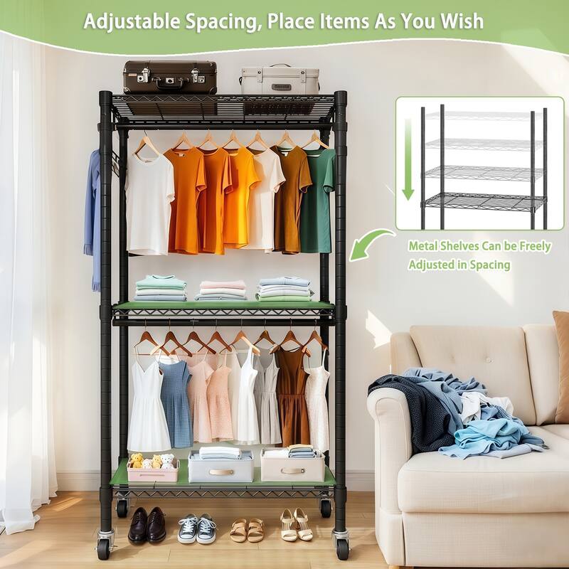 Rolling Heavy Duty Clothes Rack with Wheels,3 Tiers Adjustable Wire Shelving Clothes Rack with 2 Clothes Rails and Side Hooks
