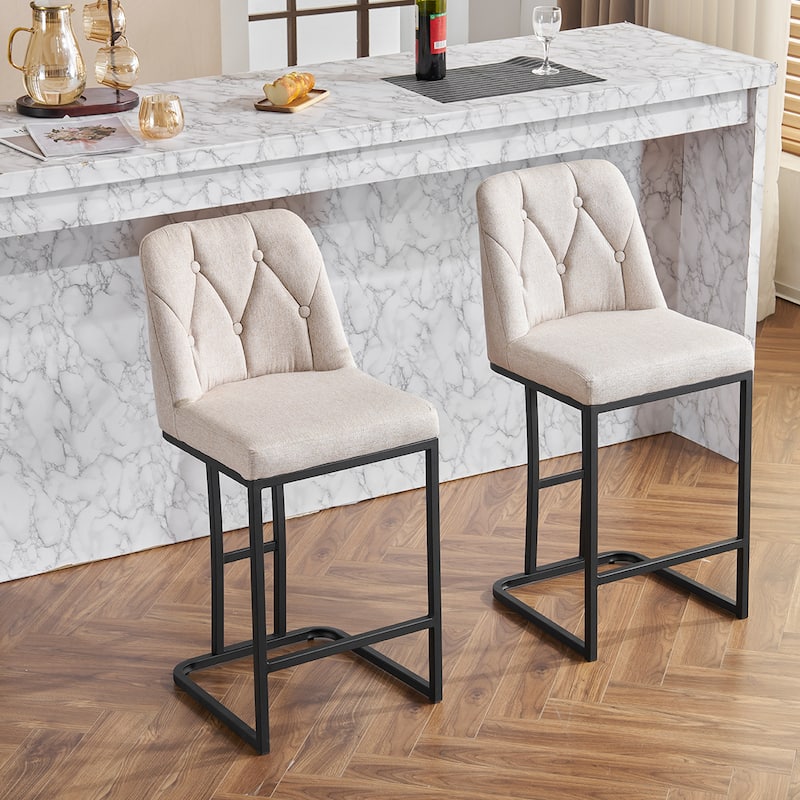 Counter Height Bar Stools Set of 2, 25.2'' Upholstered Bar Stools with Button-Tufted Backrest & Metal Frame for Kitchen, Bar