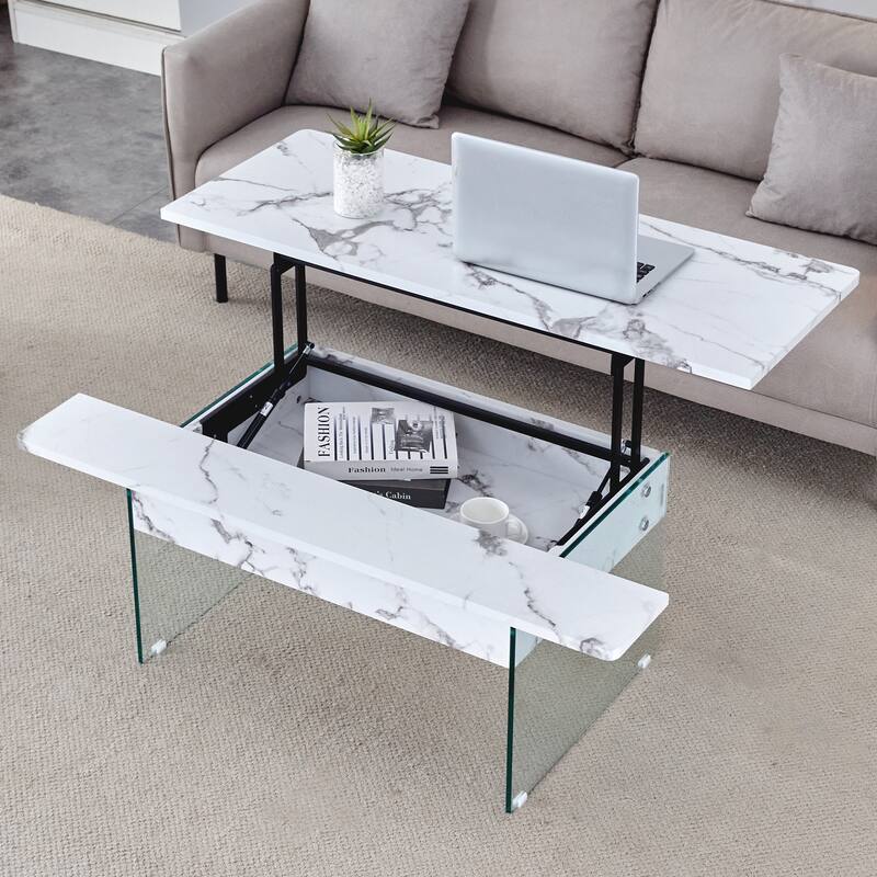 Multifunctional Lift-Top Coffee Table with Tempered Glass Legs, Rectangular Living Room Table 2-Tier Center Table