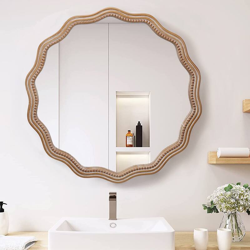 23.62" Wood Round Wavy Hanging Wall Mirror