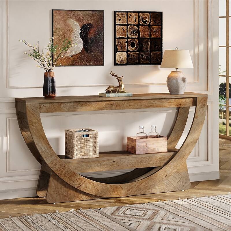 63-Inch Arched Console Table for Entryway, 2-Tier Narrow Long Sofa Table - 63" L x 11.81" W x 31.69" H - Rustic Brown