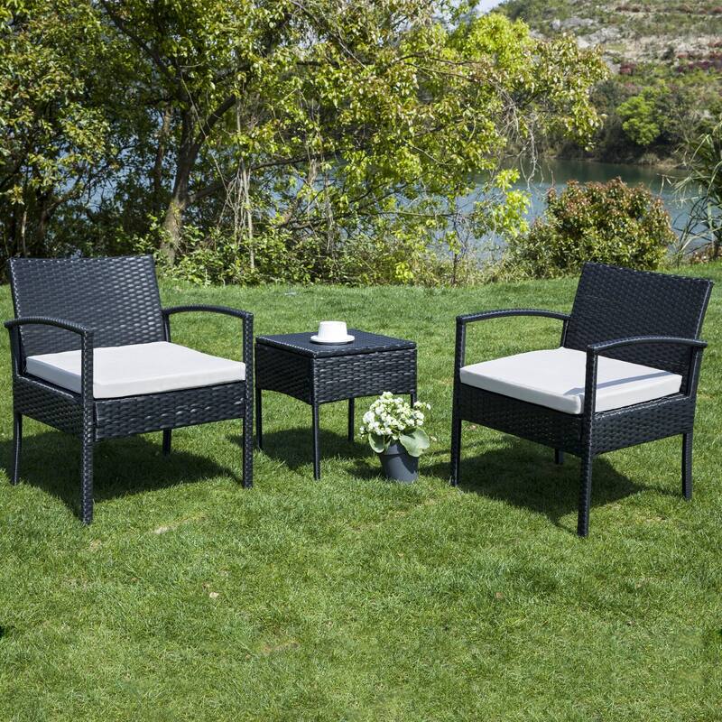 Rattan Wicker Patio Chat Set Outdoor Table and Chairs with Cushions - set of 3