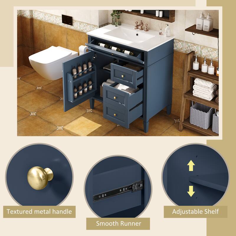 Single Sink Vanity for Bathroom Storage Cabinet with Tip-out Drawer, Small Drawer, Large Drawer, Door Rack and Adjustable Shelf