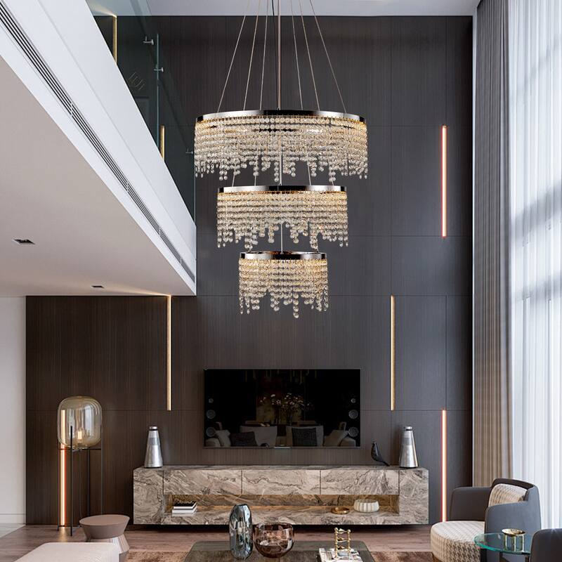 24-inch Crystal Chandelier LED Ceiling Lamp, Adjustable Color Temperature 3000K/4000K/6000K, Height Adjustable - Chrome
