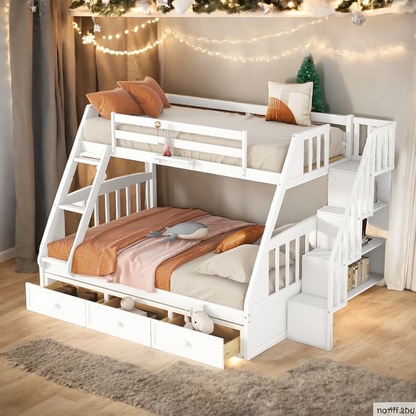 slide 2 of 26, Twin over Full Bunk Bed with Drawers, Ladder & Storage Staircase White