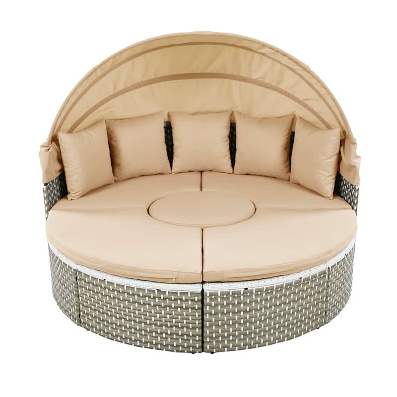Round Patio Sectional Sofa Set – Two-Tone Rattan Daybed with Retractable Canopy & Modular Seating‌ - Light Coffee