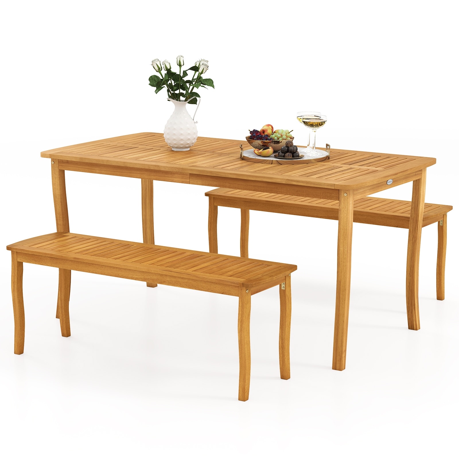 Gymax 3 Pieces Outdoor Dining Set for 4 People Patio Acacia Wood Table