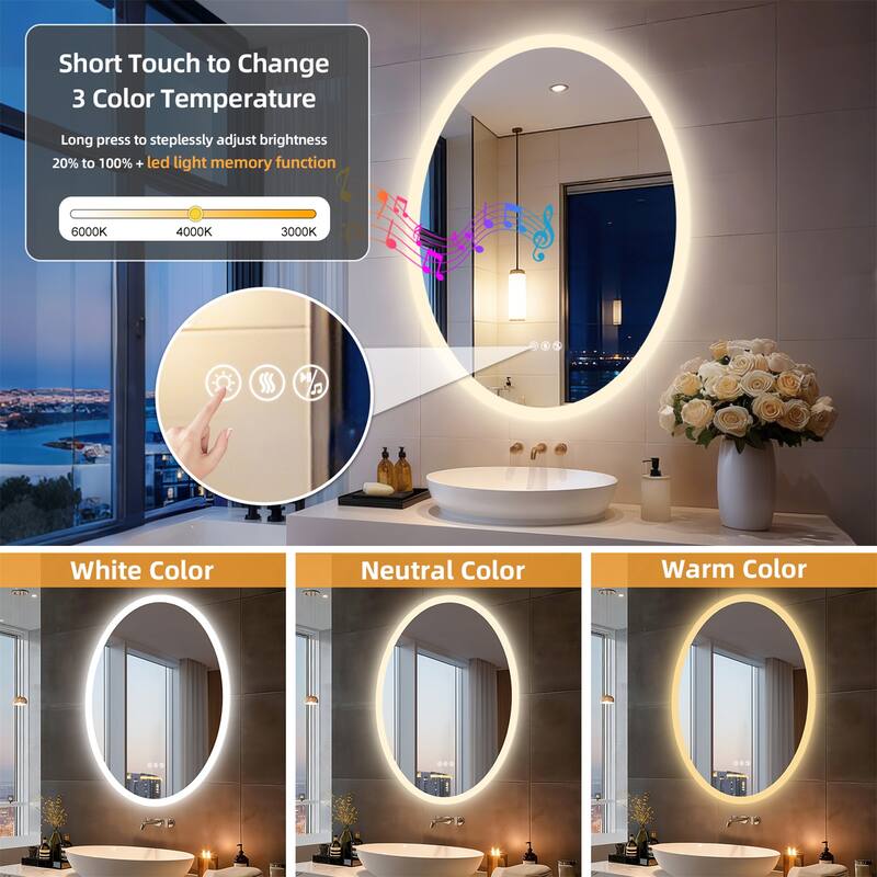 Bluetooth Lighted Bathroom Mirror Oval LED with Double NdFeB Speakers Wall Vanity Mirror - 23.62x31.50