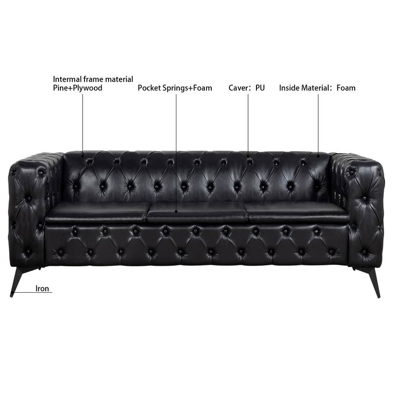 PU Leather Upholstered 3 Seater Sofa, Tufted Sofa with Removable Cushions & Square Arms, Lounge Sofa Chair with Iron Legs
