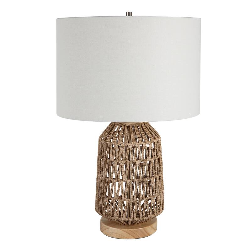 24 Inch Table Lamp, Brown Woven Rope, Linen Shade, Wood Base, Off White