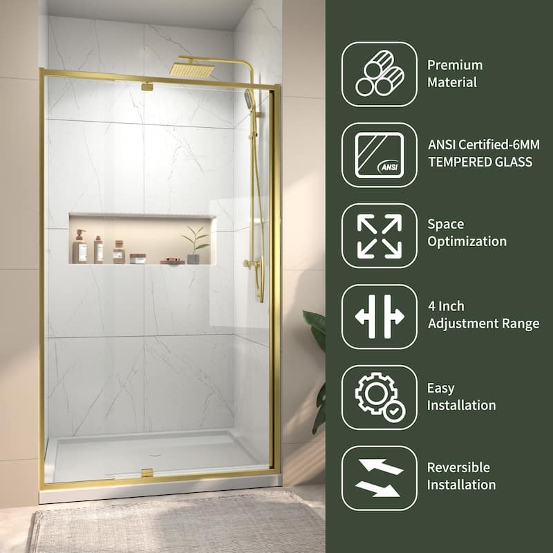 Modland 38-42"x71'' Adjustable Pivot Shower Door - Auto-Lift Hinge, Magnetic Seal, 5 Finishes for Uneven Walls - 42''x 71''